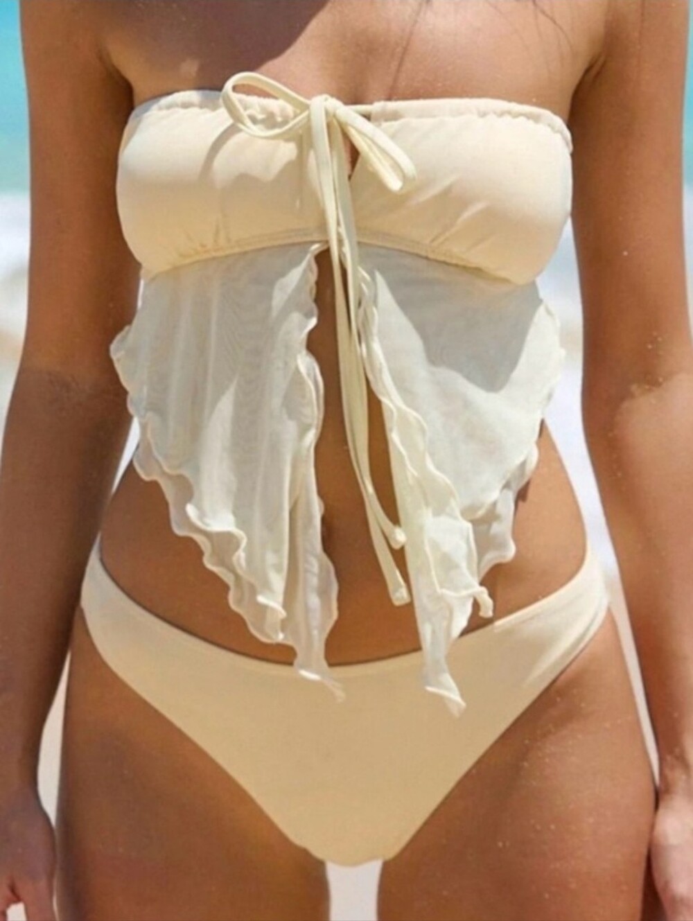 Samiol Off White Mesh Ruched Tankini Set, XS
